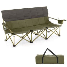 3 Person Folding Camping Chair with 2 Cup Holders Cotton Padding & Storage Bag (Color: Green)